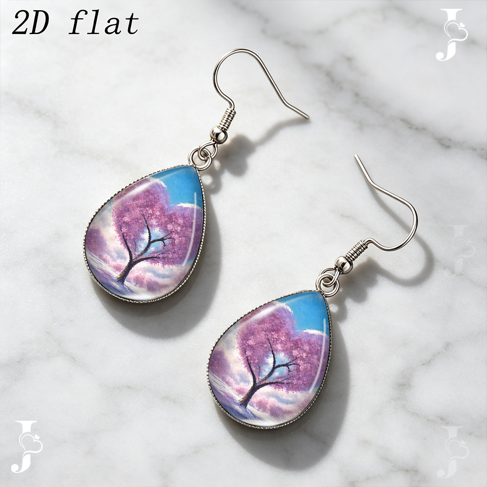 Teardrop Dangle Earrings with Heart Shaped Pink Flower Design